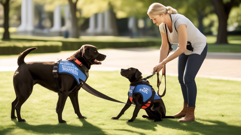 Create an image that depicts a professional dog trainer working with a young, attentive Labrador Retriever in a park setting. The dog is wearing a harness and vest labeled Service Dog in Training. The