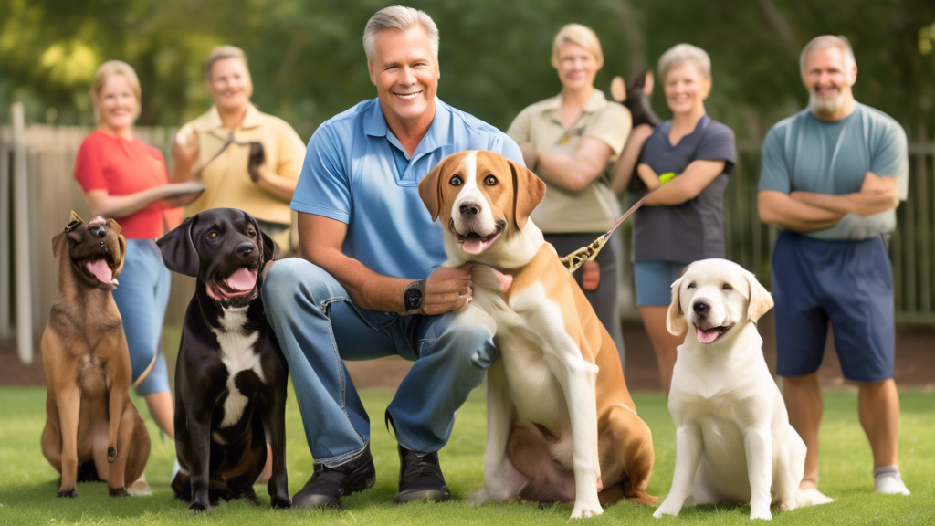 Create an image of a confident dog trainer, resembling Don Sullivan, working with a variety of dog breeds in a well-maintained outdoor training area. Include him demonstrating positive reinforcement t