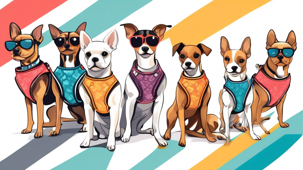 Create an image of various stylish dog harnesses showcased on a runway with fashionable pups strutting down. The harnesses should be in trendy designs and vibrant colors, with additional accessories l
