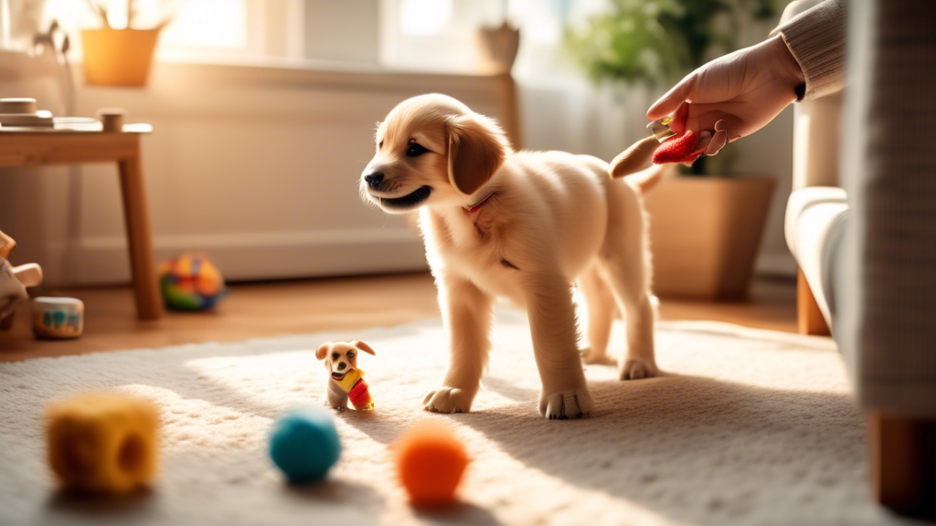 A charming scene depicting a puppy training session in a cozy living room. A happy, wagging-tail puppy playfully interacts with a patient and smiling owner, who is gently redirecting the puppy from pl