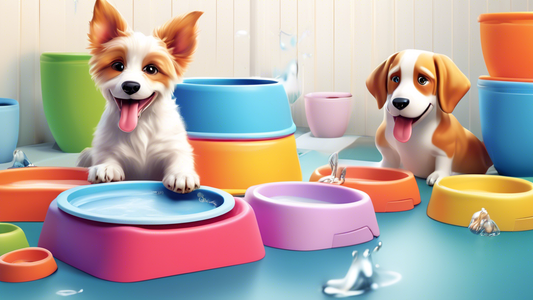 A high-quality, photorealistic image of various non-spill water bowls designed specifically for dog crates, featuring different shapes, sizes, and innovative designs. The background should include a f