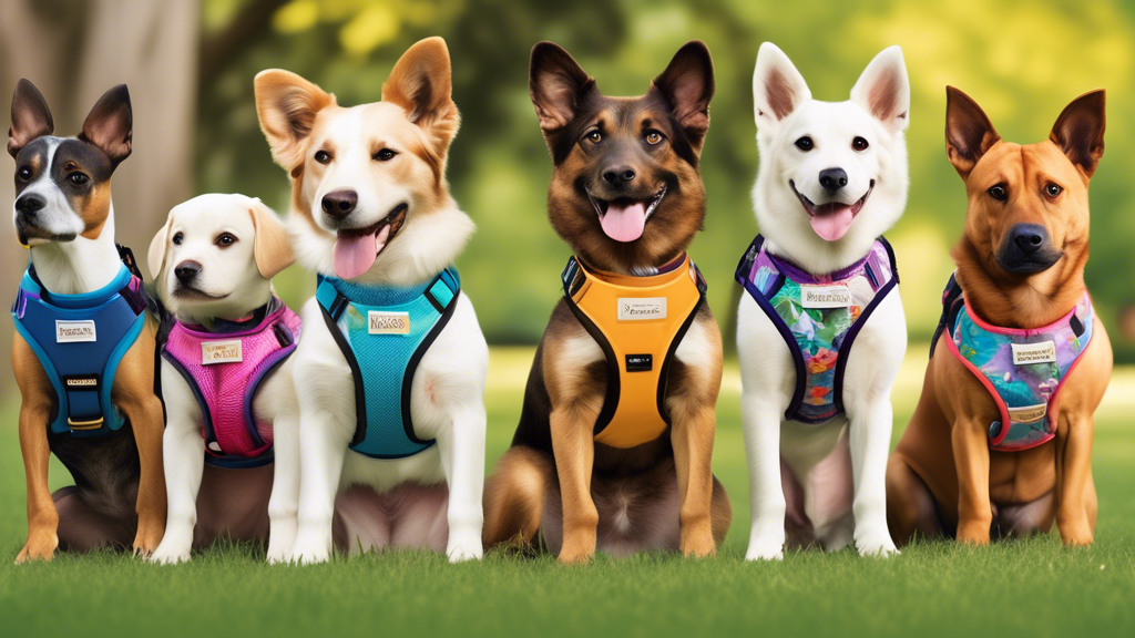 Create an image of a variety of dogs wearing different styles of non-stop dog harnesses in a vibrant park setting. The harnesses should be uniquely designed, comfortable, and fit perfectly on each dog