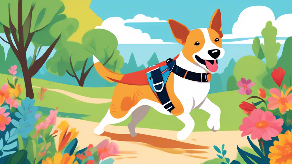 Create an image of a joyful dog wearing a sleek Wild One harness while walking in a scenic park. Surround the dog with lush greenery, colorful flowers, and a clear blue sky. Highlight the harness's co