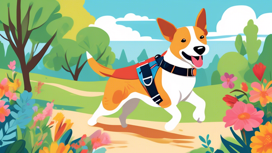 Create an image of a joyful dog wearing a sleek Wild One harness while walking in a scenic park. Surround the dog with lush greenery, colorful flowers, and a clear blue sky. Highlight the harness's co