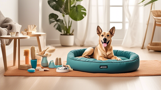 Create an image depicting a cheerful, modern living room with a variety of top-rated dog supplies available on Amazon. Include a comfortable dog bed, interactive toys, a selection of healthy dog treat