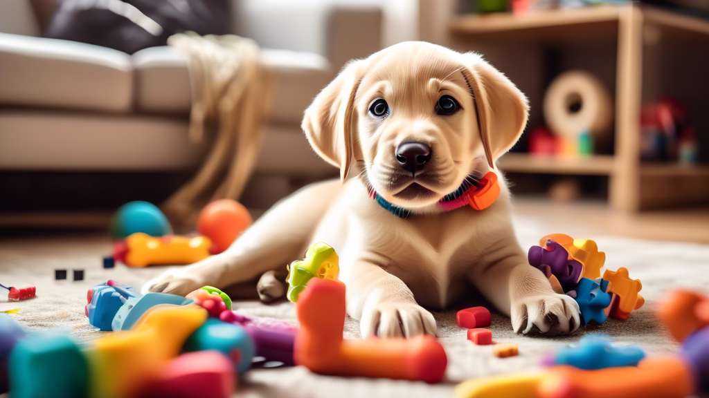 A playful Labrador puppy surrounded by a variety of colorful and engaging toys, including chewable rubber bones, interactive puzzle toys, squeaky plush animals, and durable tug ropes, all set in a coz