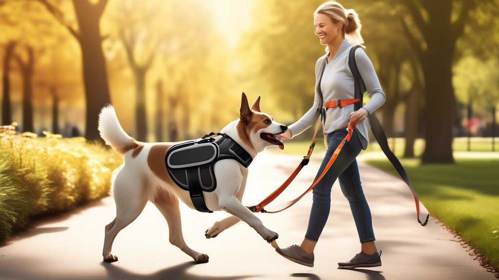 Create an image of a happy dog wearing a sleek, high-tech harness with ergonomic design features. The dog is walking joyfully in a scenic park setting while an owner follows comfortably, showcasing th