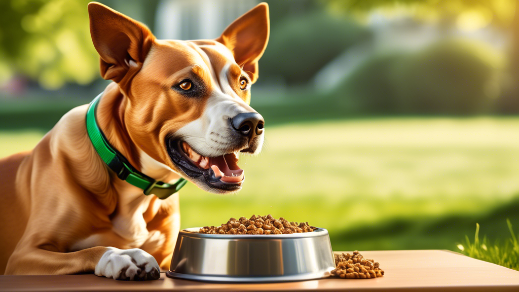 Create a highly detailed and vibrant illustration of a powerful, healthy dog enjoying a nutritious meal from a dog bowl labeled 'Bully Max: Premium Performance Dog Food'. The setting should be an outd