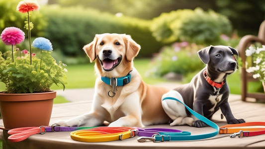 Create an image showing a well-maintained yard on a sunny day, with various types of dog leads displayed prominently. Include a happy dog wearing a sturdy collar, and different lead options such as re