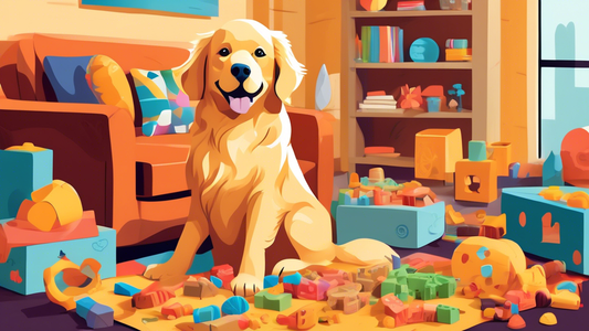 An adorable Golden Retriever surrounded by a variety of top chewy pet supplies, including durable chew toys, tasty edible chews, and engaging puzzle treats, all set in a cozy living room with a pet-fr