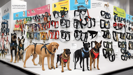 Prompt for DALL-E: A detailed illustration of various dog lifter harnesses on display, showcasing different sizes and designs to cater to various breeds and needs. The harnesses have labels indicating