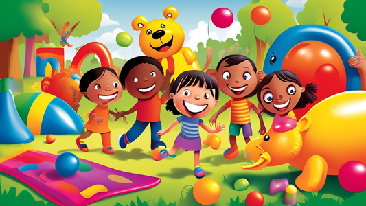 Create an image of children playing joyfully in a colorful park setting with large, inflatable bully-themed toys. The toys should include friendly, exaggerated features, like big eyes and smiles, to m