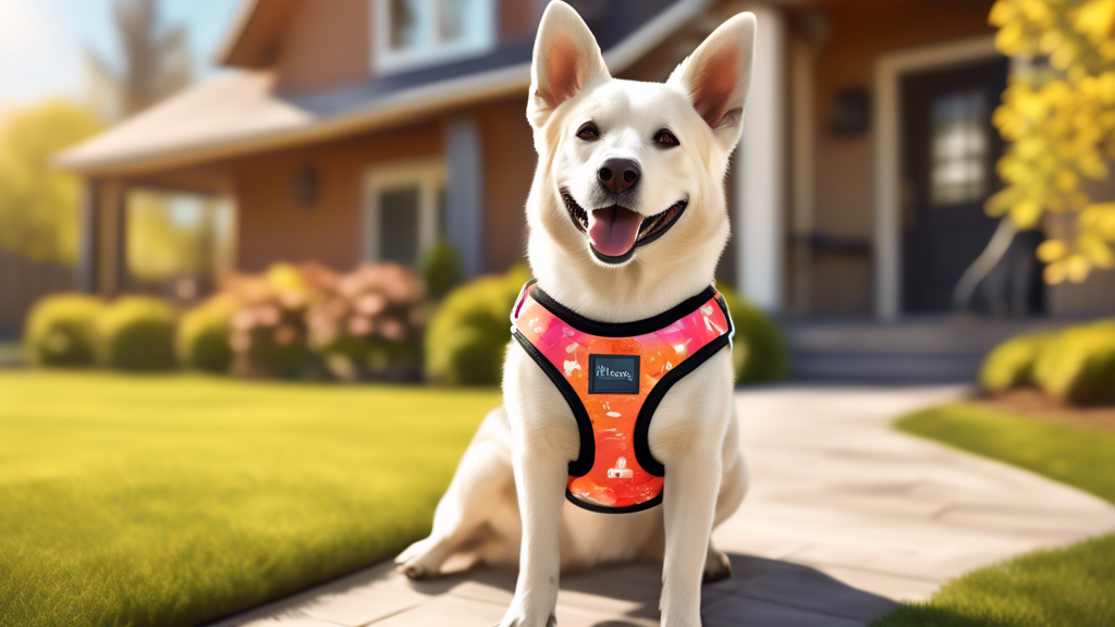 A happy dog wearing a stylish, custom-fit harness, with a background of a comfortable, cozy home or a sunny park setting. Highlight the perfect fit and comfortable design of the harness, showcasing th