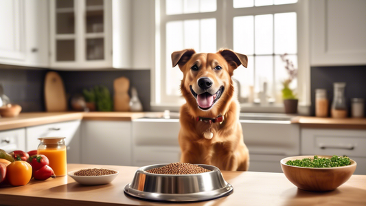 Create an image depicting a happy dog sitting in an upscale kitchen, eagerly awaiting a bowl of premium, high-quality dog food. The food should appear visibly rich in nutrients, with ingredients like 