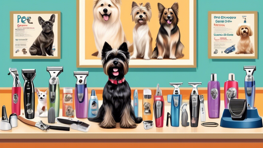 Create a detailed image of a variety of pet clippers arranged on a grooming table, with different types and brands labeled. Surrounding the table is a happy and well-groomed dog of medium size, with a