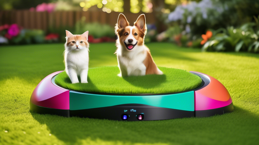 Create a vibrant scene of a backyard where dogs and cats are playing joyfully with the SwiftPaws pet enrichment tool. Show a dynamic landscape filled with lush green grass, colorful flowers, and the i