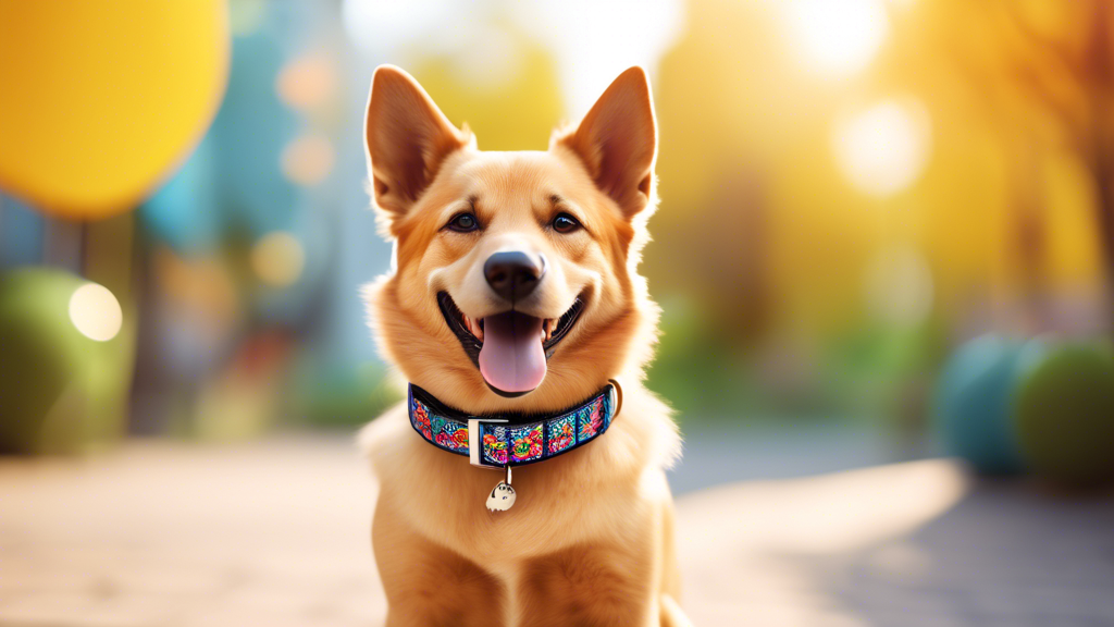 Create an image featuring a cheerful dog wearing a beautifully customized dog collar. The dog collar should have vibrant colors and intricate patterns, possibly with the dog's name and a small charm. 