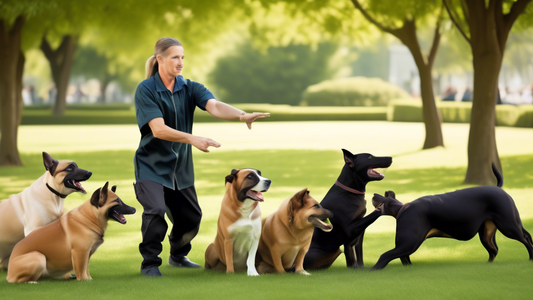 Create an image of a skilled dog trainer in an outdoor setting, demonstrating advanced training techniques with various dog breeds. The trainer should be using a combination of agility equipment, hand
