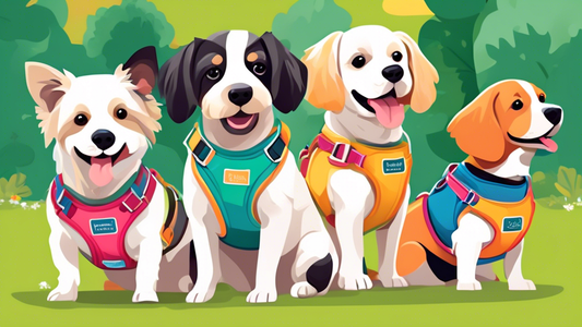An image showcasing a variety of stylish and comfortable no-pull dog harnesses designed specifically for small dog breeds, displayed on adorable small dogs of different breeds in a park setting. The h