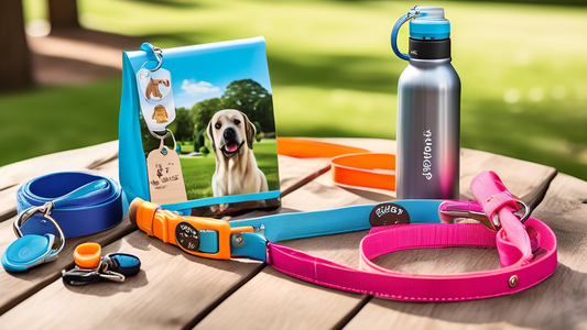 A vibrant scene showcasing a variety of essential flexi leash accessories for pet owners, including a compact poop bag holder, a stylish and durable leash attachment, a portable water bottle with a di