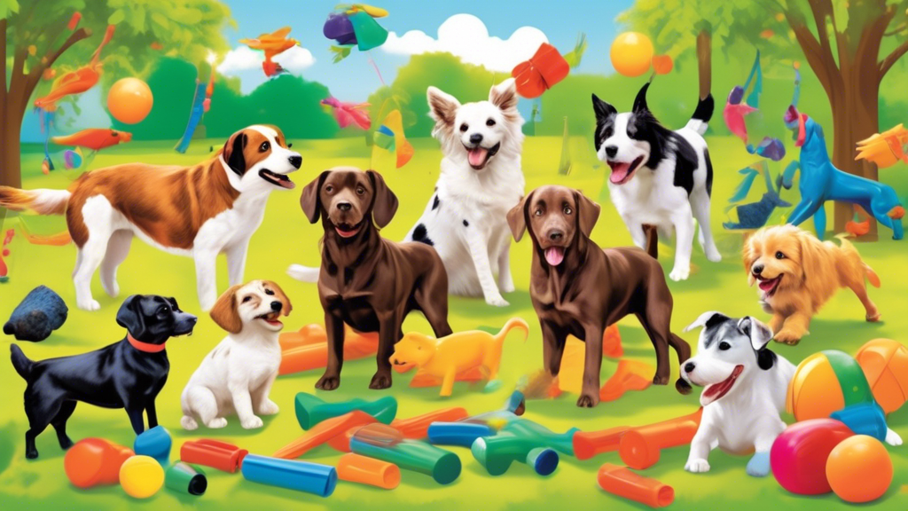 Create an image of a joyful scene in a bright and vibrant backyard, with a variety of dogs of different breeds enthusiastically playing with various innovative and colorful bark toys. Include chew toy