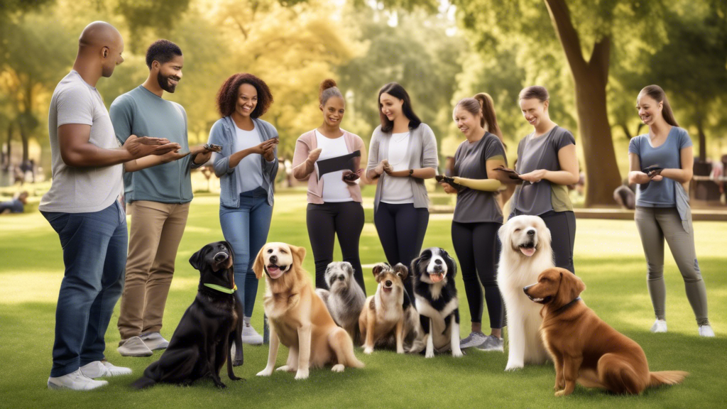 A heartwarming scene of a diverse group of dog trainers in a picturesque park setting, each working with a different dog breed. Some trainers use clickers, others treats, and one has a gentle hand sig
