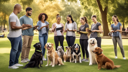 A heartwarming scene of a diverse group of dog trainers in a picturesque park setting, each working with a different dog breed. Some trainers use clickers, others treats, and one has a gentle hand sig