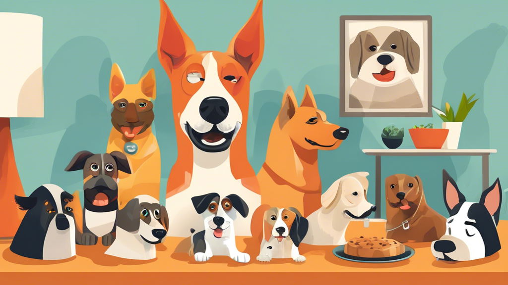 Illustration of various dog muzzles displayed on a table, each designed for different breeds and purposes, with a happy dog in the background being fitted with a comfortable, secure muzzle by a caring