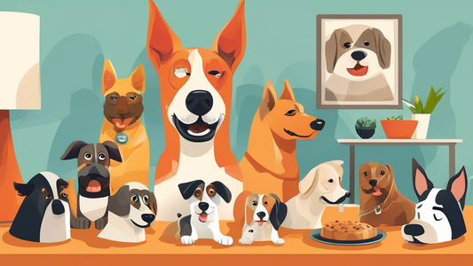 Illustration of various dog muzzles displayed on a table, each designed for different breeds and purposes, with a happy dog in the background being fitted with a comfortable, secure muzzle by a caring