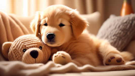 An adorable golden retriever puppy snuggling with a large, fluffy teddy bear in a cozy, softly lit living room with plush pillows and a warm knitted blanket.