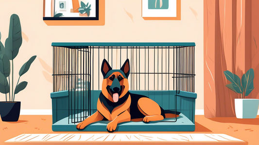 A spacious and sturdy extra-large dog crate designed for a big breed dog, set in a cozy living room with comfortable bedding, toys, and a water bowl inside; a happy, well-groomed German Shepherd loung