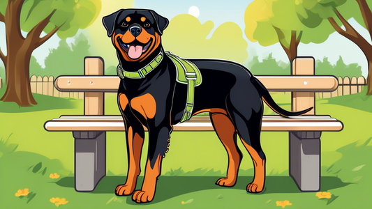 Create a detailed illustration featuring a happy Rottweiler wearing a well-fitted harness in a park setting. Display several types of harnesses on a bench nearby, showing different styles, materials, 