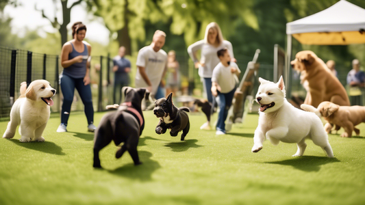A heartwarming scene at a professional puppy boot camp, set in a picturesque outdoor park. The image features attentive puppies of various breeds engaging in playful yet structured training exercises 