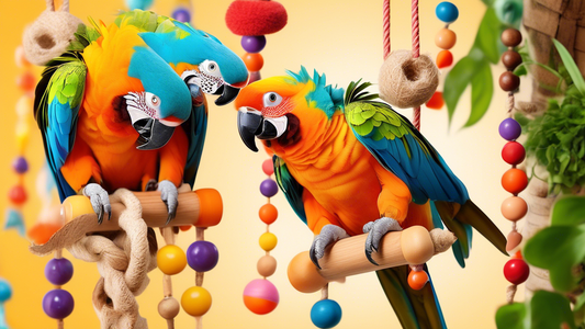 Create a vibrant and cheerful image of a colorful parrot happily playing with an assortment of well-crafted, chewable bird toys in a cozy, stimulating environment filled with perches, swings, and gree