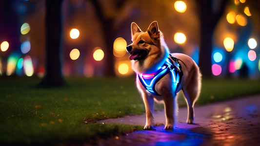Create an image of a happy dog wearing a bright, colorful LED harness. The dog is walking with its owner during the evening in a well-lit park. The LED harness is glowing, highlighting the dog's safet