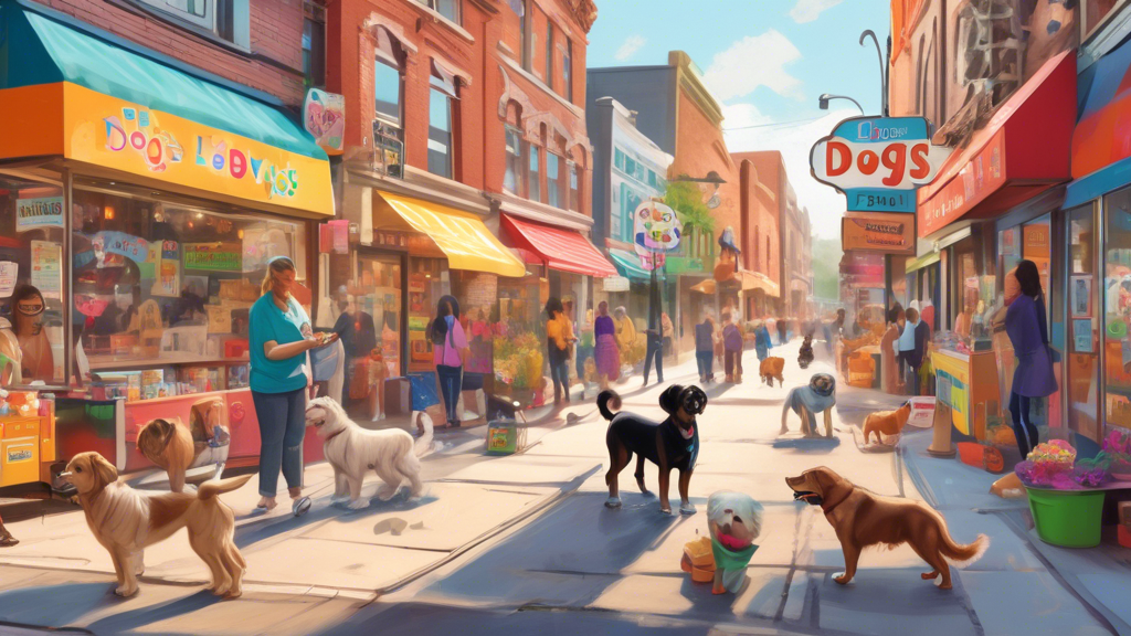 A vibrant city street scene with various charming dog stores, each adorned with colorful signs and paw print logos. Happy dogs of different breeds and sizes are seen interacting with friendly store ow