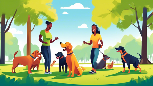 A cheerful dog training session in a sunny park. Happy dogs of various breeds learning new tricks with positive reinforcement techniques, led by a friendly, professional dog trainer. Owners smiling an