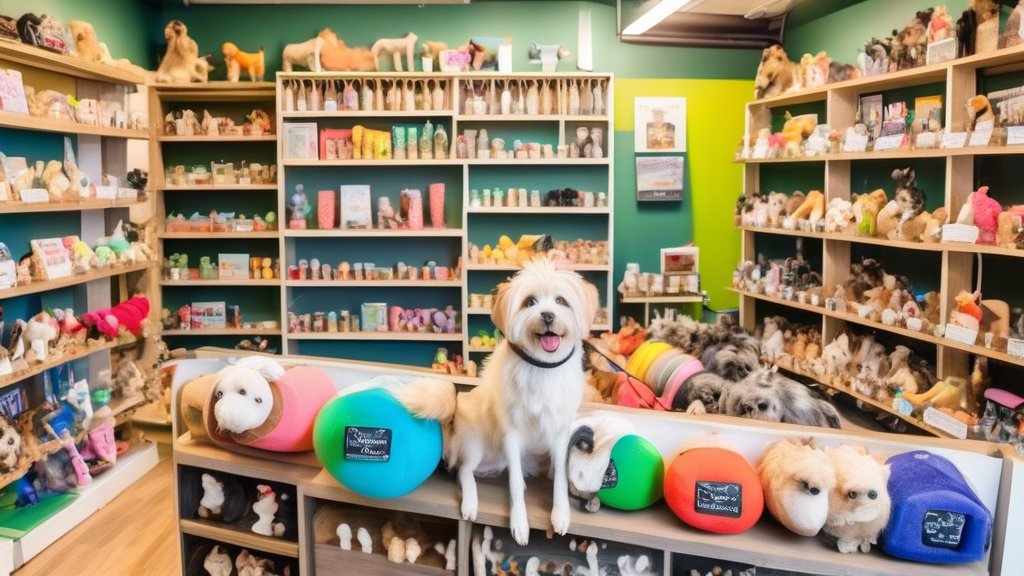 A charming, well-stocked local dog supply store with colorful shelves filled with dog toys, high-quality food, and stylish accessories. Friendly staff members are assisting customers, and happy dogs w