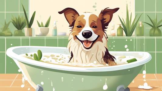 Create a detailed illustration of a happy dog enjoying a bath with aloe and oatmeal dog shampoo. Show the dog in a cozy bathroom setting, with a bottle of dog shampoo prominently labeled Aloe & Oatmea