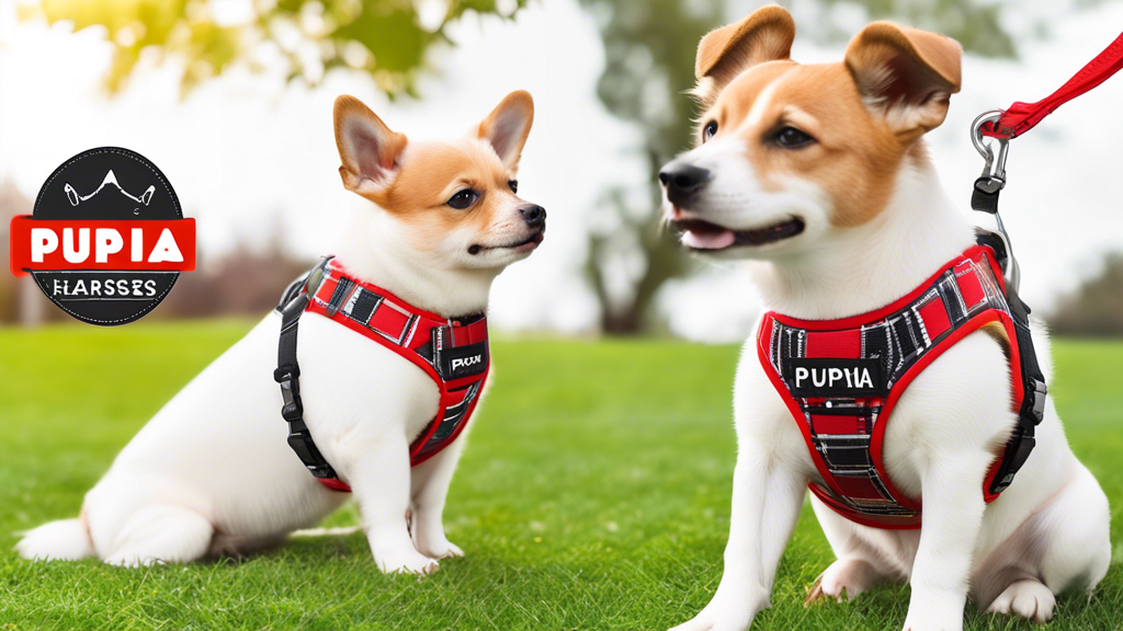 Create an image of a cheerful dog wearing a stylish and comfortable Puppia dog harness, available in various colors and sizes. The setting can be a sunny park with the dog happily playing and interact