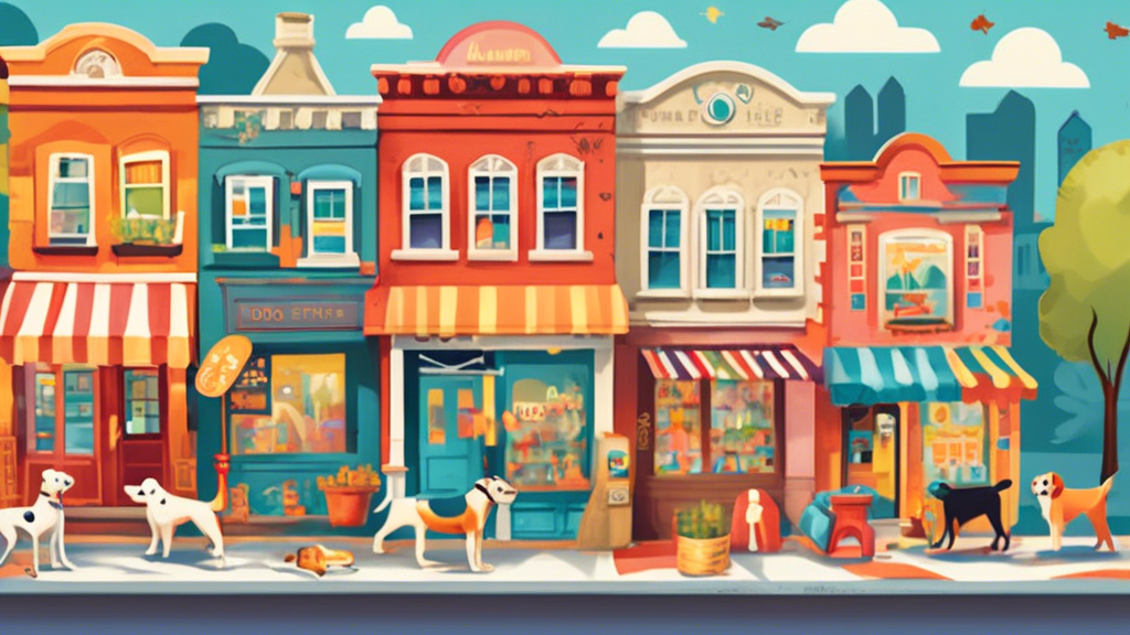 Create a vibrant, cheerful illustration of a quaint town with several inviting dog shops. Each shop has a colorful sign with dog-related items like bones, collars, and paw prints. There are happy dogs