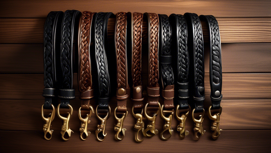 A richly detailed, high-resolution photograph of a selection of premium black leather dog leashes displayed on a wooden table. Each leash features different designs, such as braided patterns, sleek sm