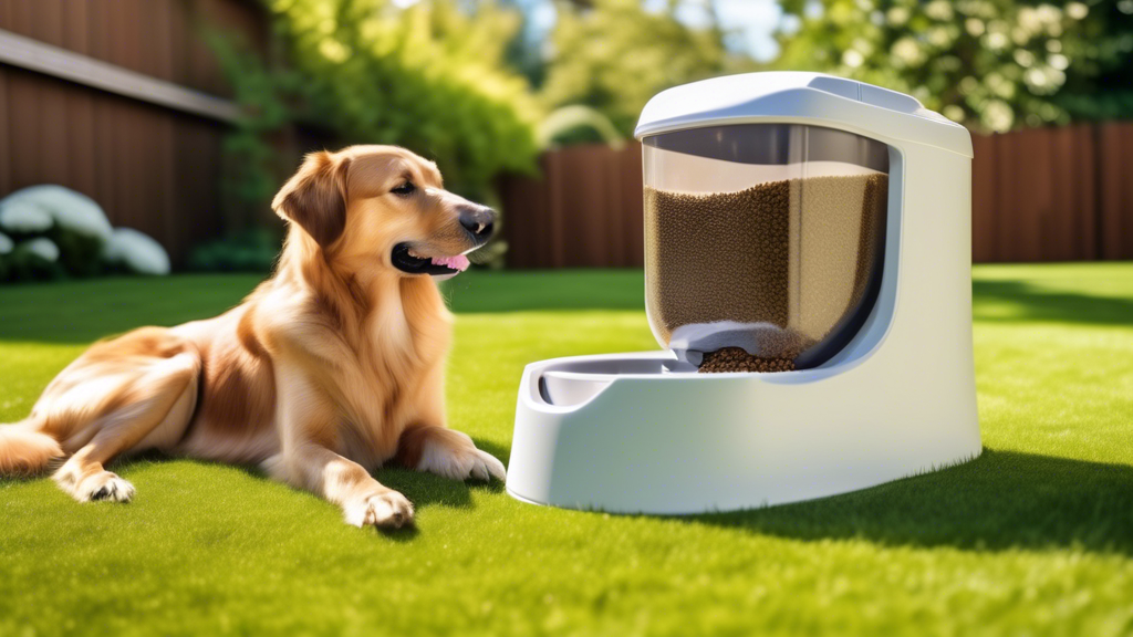 A picturesque backyard during a sunny day, featuring a sleek, modern automatic dog feeder dispensing kibble into a bowl. A happy, well-groomed dog eagerly waits beside the feeder. Nearby, there's lush