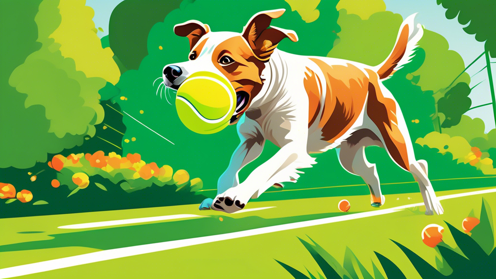 Create an image of a cheerful dog in a vibrant, green backyard, joyfully chasing after a brightly colored tennis ball launched by a modern, sleek tennis ball machine for dogs. The machine should be ea
