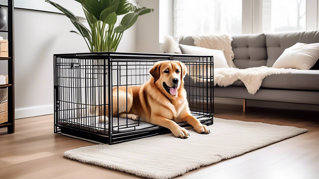 A spacious, well-designed XXL dog crate made of sturdy metal and mesh, placed in a cozy, well-lit room. A large, happy dog with glossy fur comfortably lying inside the crate, with soft bedding and a f
