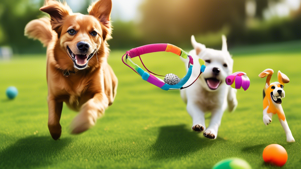 Create an image showcasing a variety of ball throwers designed for dogs, placed on a vibrant grassy park setting. Include different types of ball throwers such as handheld launchers, automatic machine