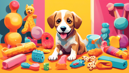 Create an image of a joyful puppy surrounded by fun and colorful dog treat toys of various shapes and sizes in a bright, cheerful setting. The puppy should be happily chewing on one of the toys, and t
