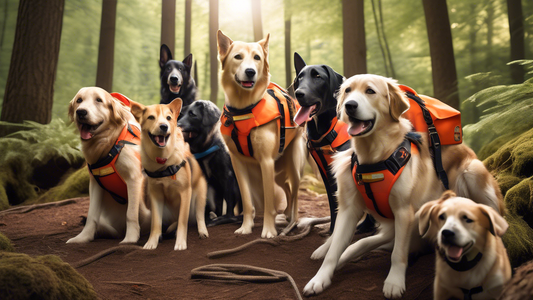 Create an image capturing a group of dedicated search and rescue dogs in training with their handlers in a scenic forest setting. Illustrate a mix of different dog breeds wearing vests and harnesses w