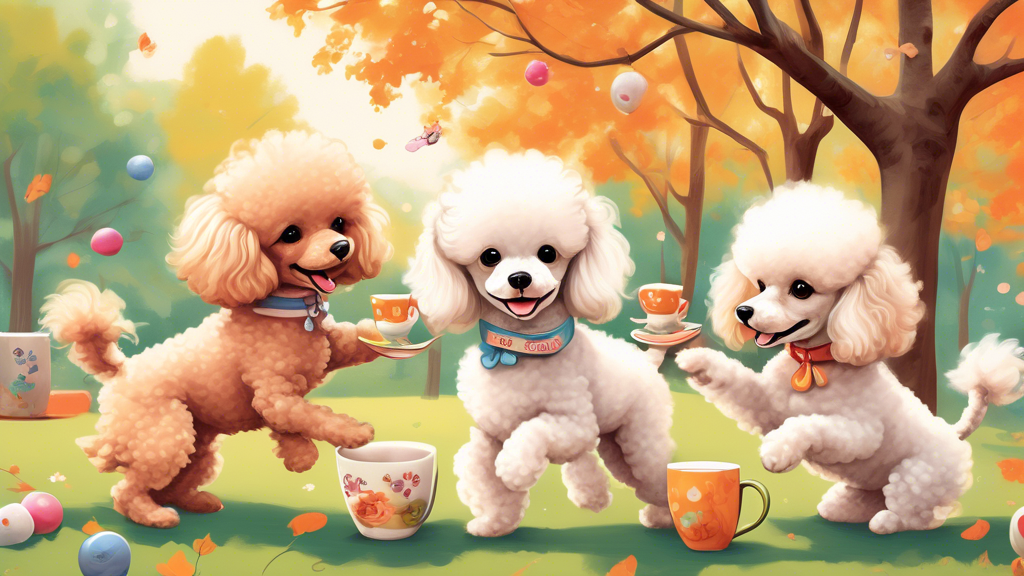 A heartwarming scene featuring a variety of adorable teacup poodles playing in a picturesque park setting. Highlight the affordability by showing a friendly cost tag that says 'Under $500' hanging fro