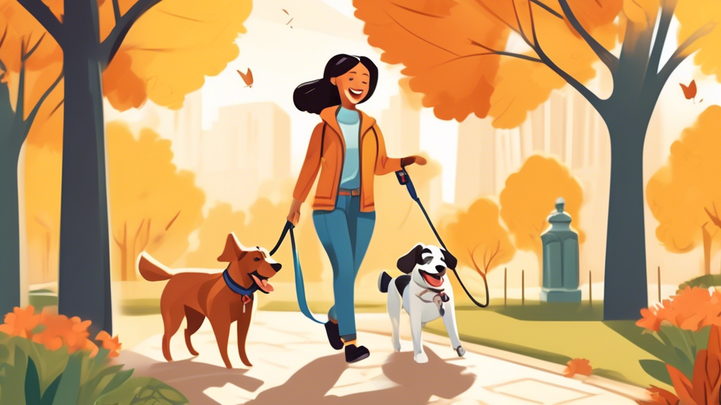 Create a detailed and informative illustration of a happy dog owner using a double clip dog leash, showcasing the advantages. The scene should include a bright, sunny park with multiple dogs walking a